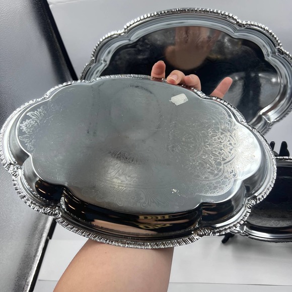Vintage Set Three Silver Tone Trays Etched Decorative Stacking MidCentury - Picture 7 of 9